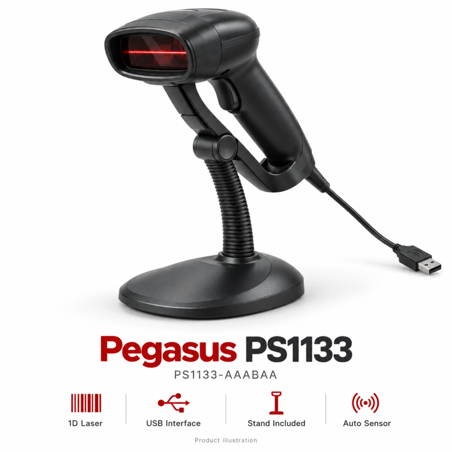 Pegasus PS1133 Barcode Scanner,1D Laser,USB Interface,Stand,Black,Auto Sensor,Other